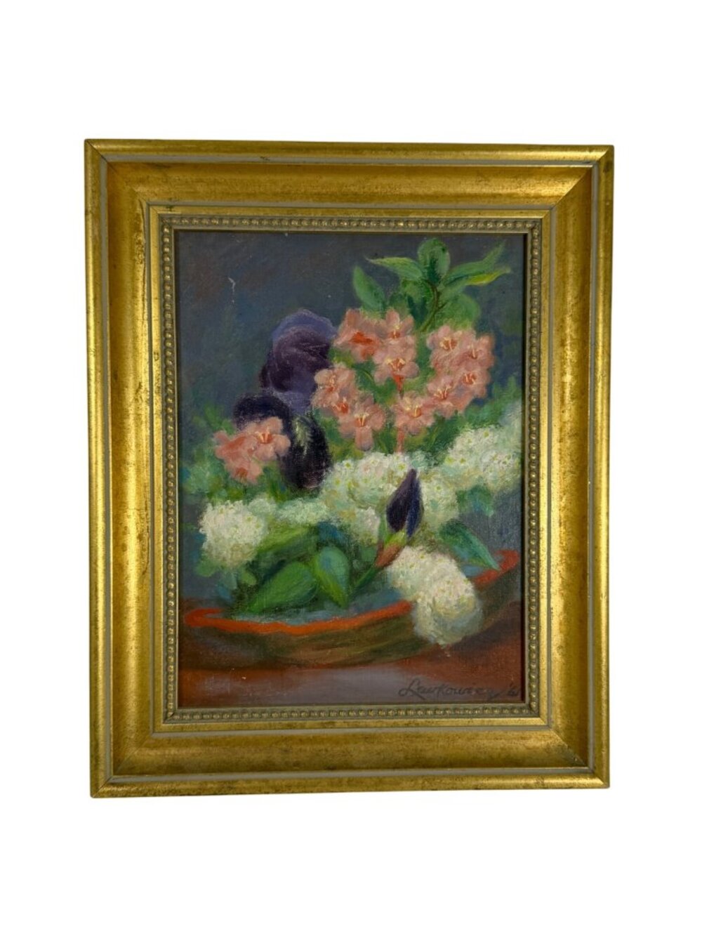MCM Floral Still Life Oil Painting Signed LEWKOWICZ In Ornate Gold Frame 1960s